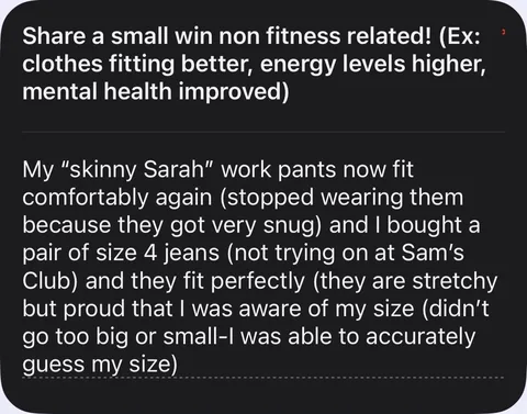 Client check-in response describing clothes fitting comfortably again and size 4 jeans fitting perfectly