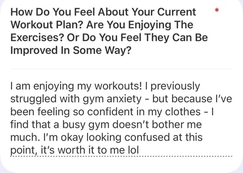 Client check-in response about enjoying workouts and gym anxiety fading
